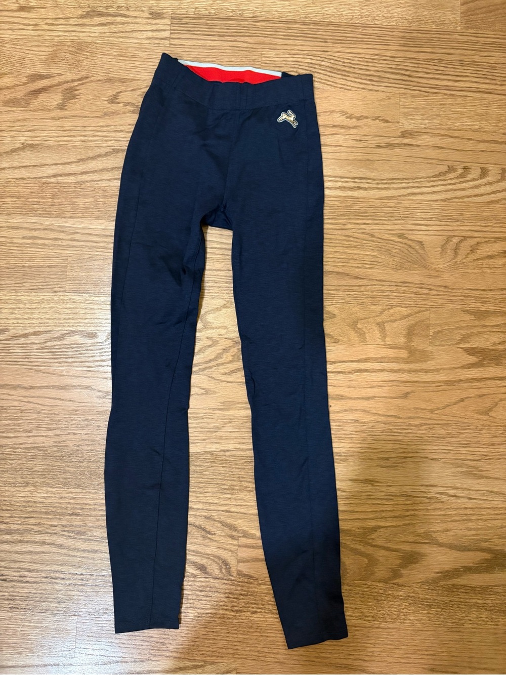 Tracksmith Navy Leggings with Red Waistband Accent